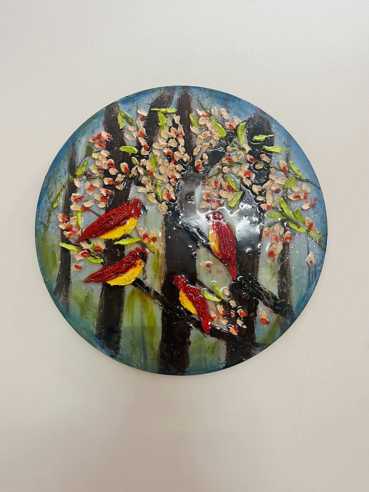 Birds in a forest - Round 3D painting with resin, 9 inches in diameter, unframed