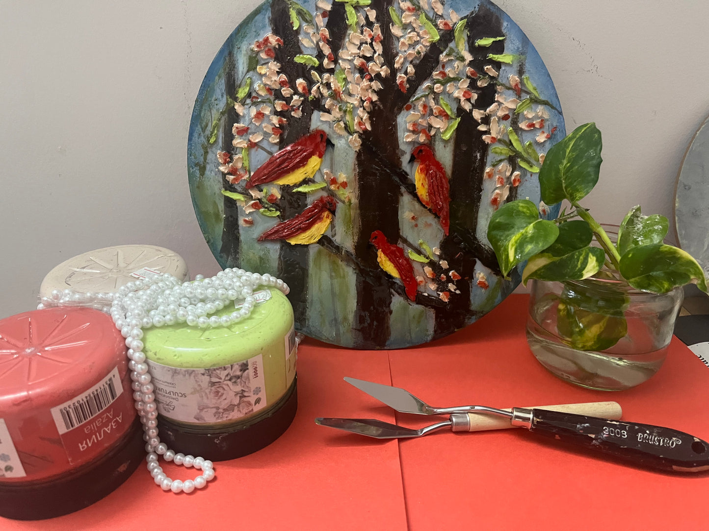 Birds in a forest - Round 3D painting with resin, 9 inches in diameter, unframed