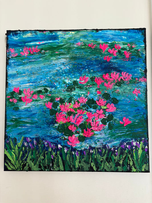 Colorful abstract painting with pink flowers and green foliage on a white background