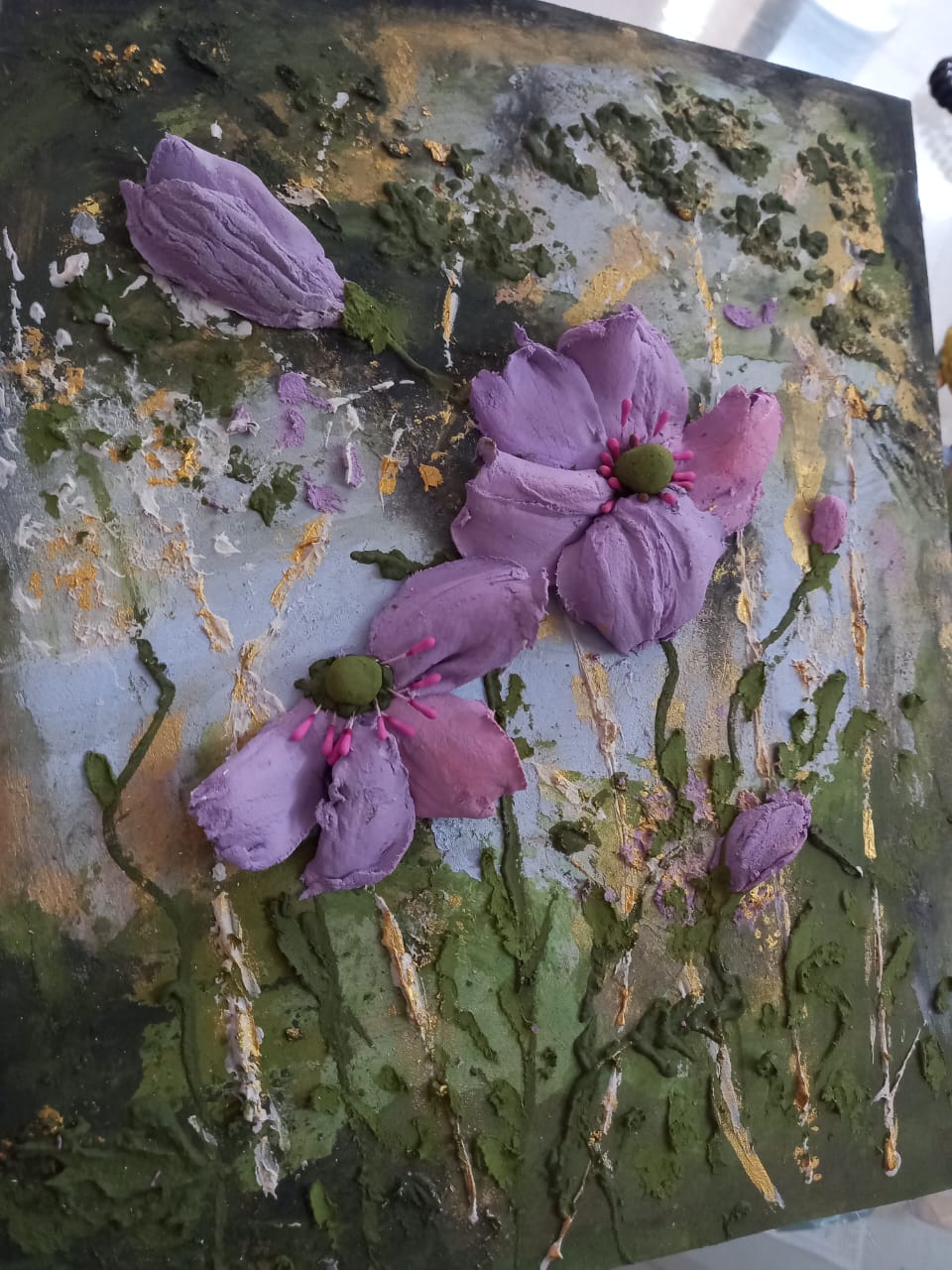 Flowers in the rain- Purple flowers painting 12'x10' inches on MDF unframed