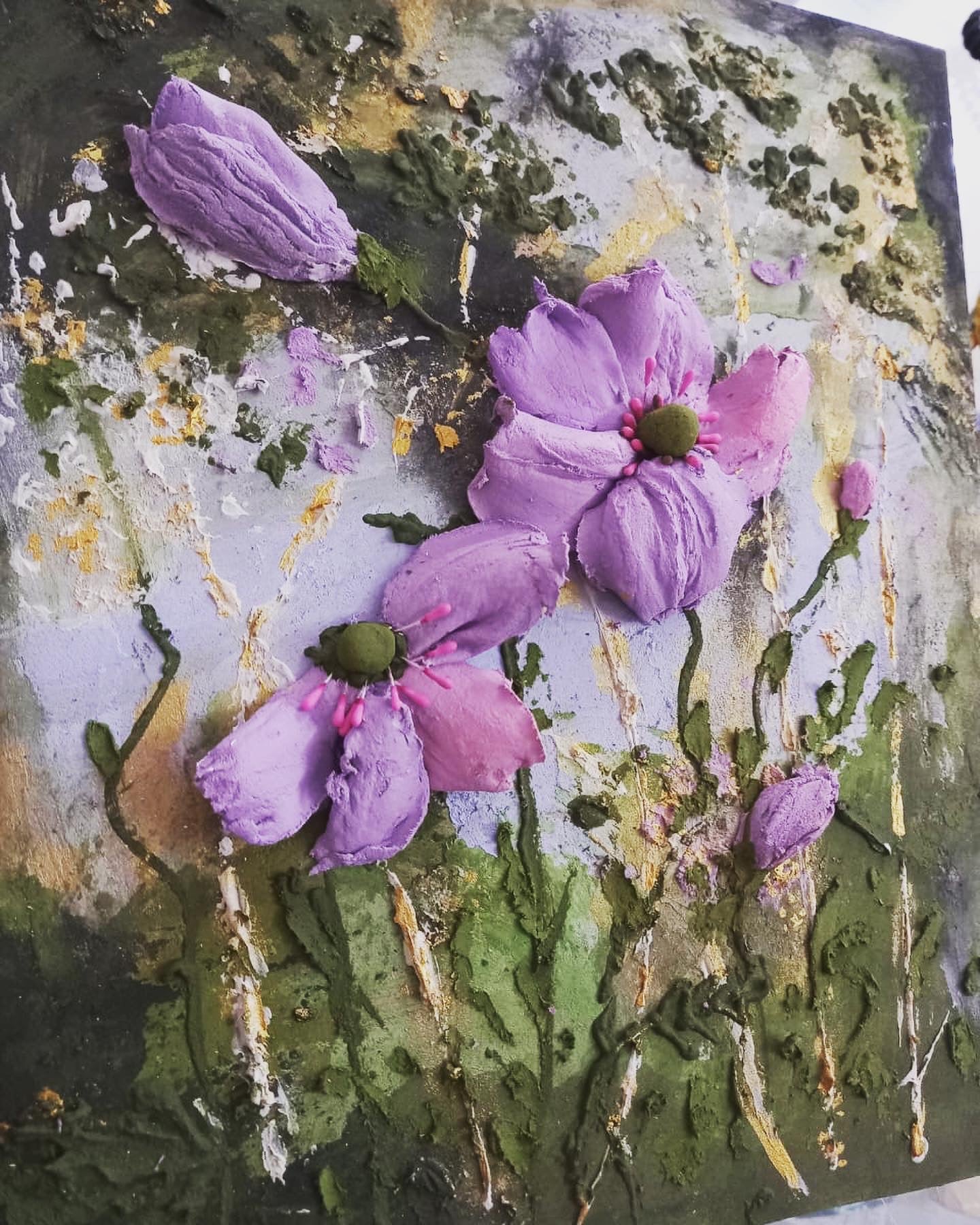 Flowers in the rain- Purple flowers painting 12'x10' inches on MDF unframed